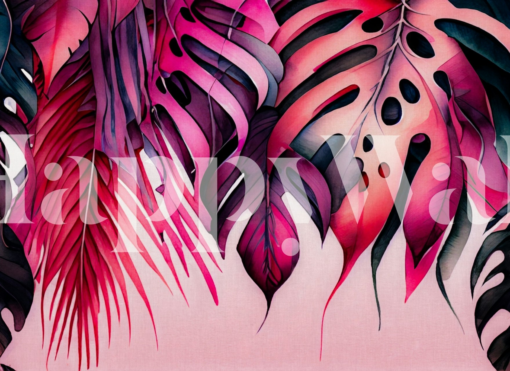 vibrant pink and purple tropical leaves on a pink background wall mural