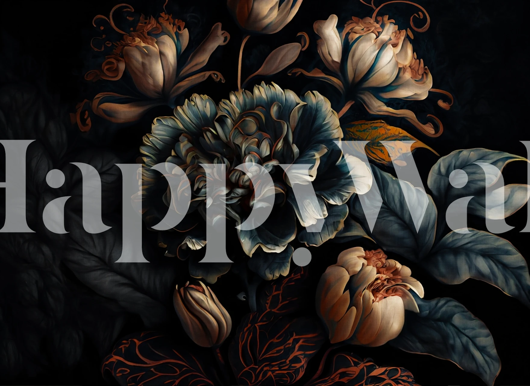 Huge whimsical baroque night flowers tapet i ett rum