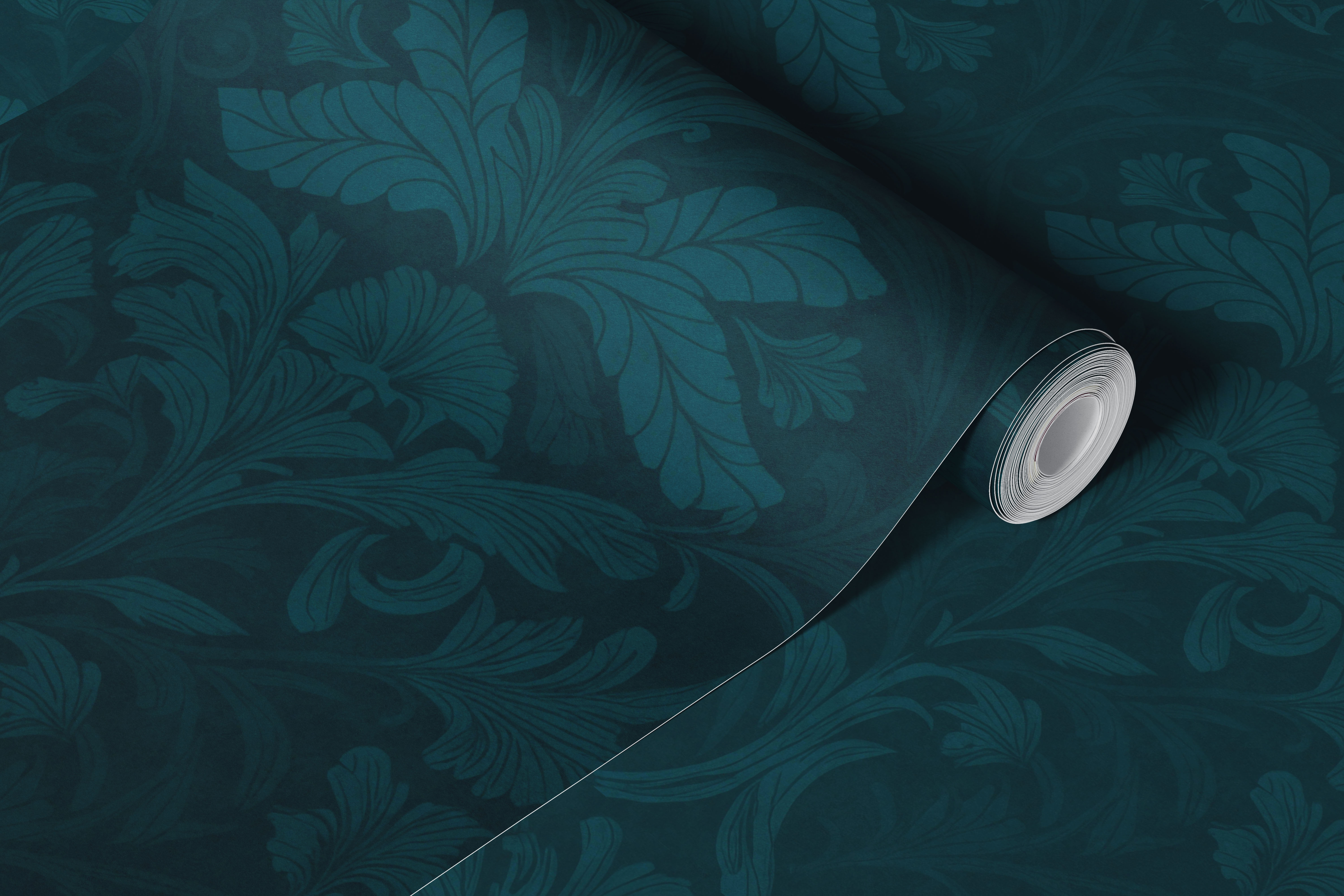 William Morris style flourish damask pattern wall mural in emerald teal