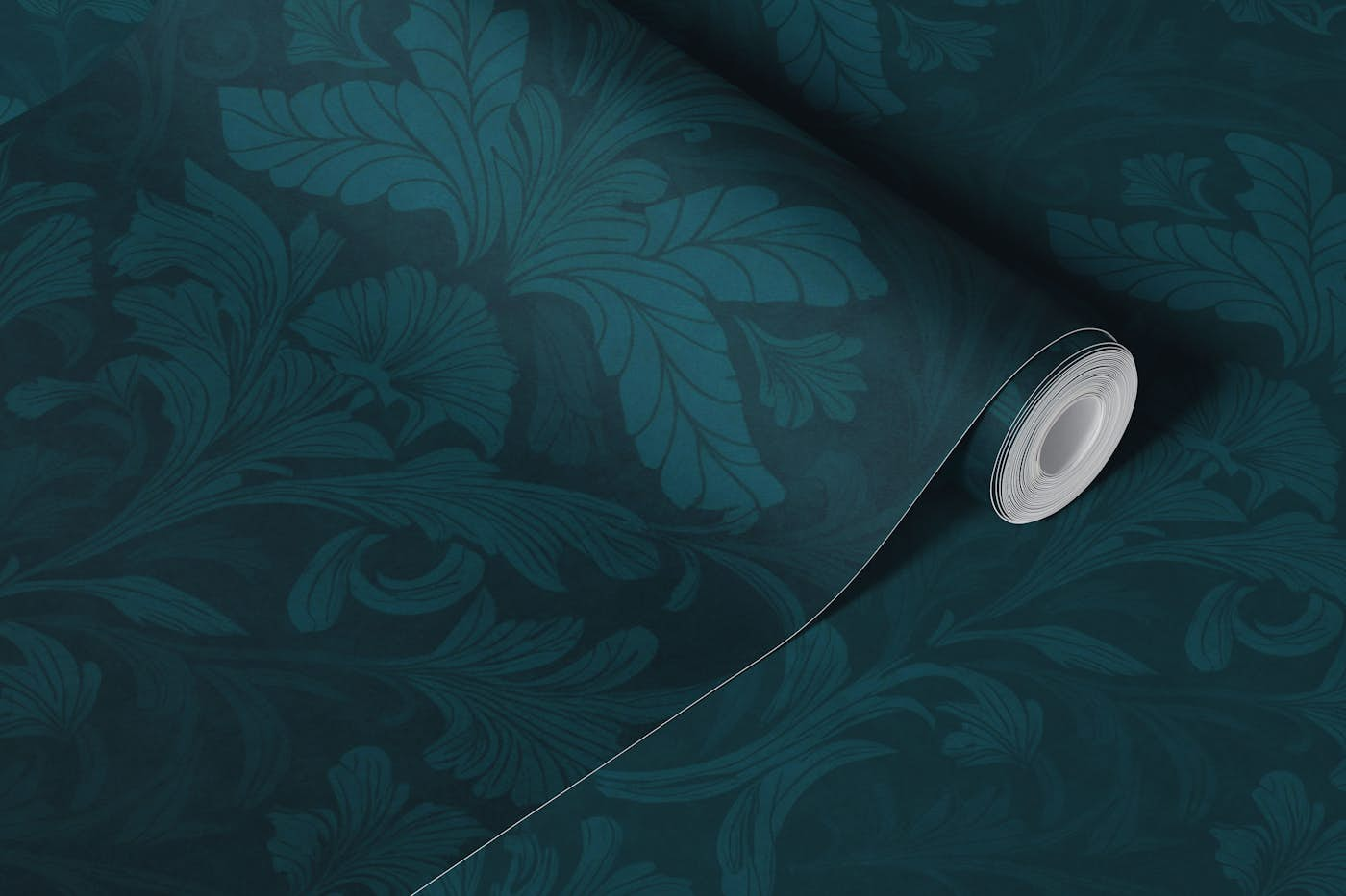 William Morris Style Monochrome Flourish Damask Emerald Teal wallpaper roll