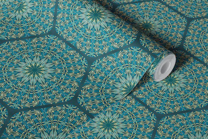 Oriental Inpired Tiles Mediterranean Pattern Teal And Goldwallpaper roll
