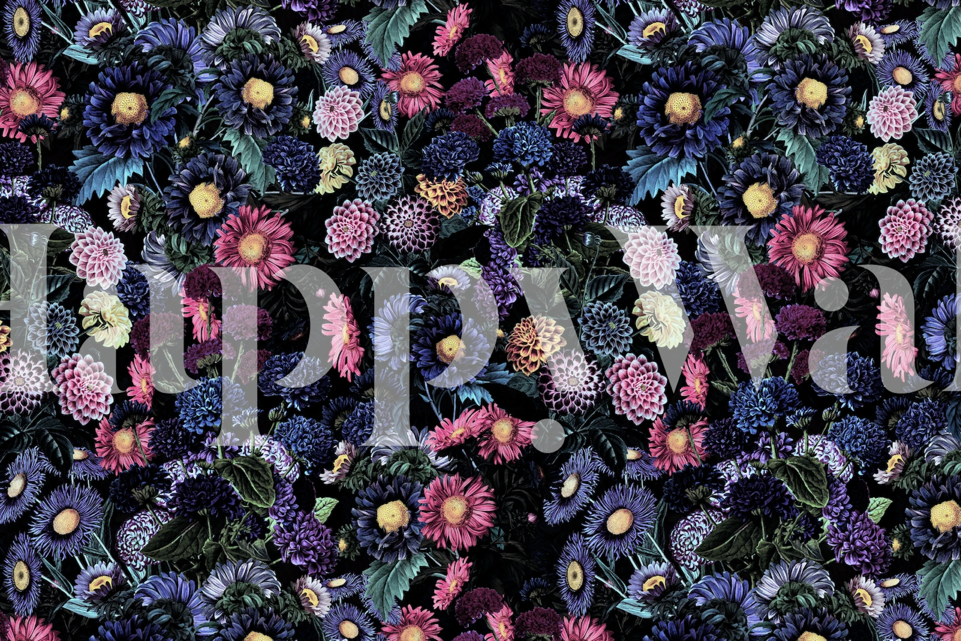 Et mørkt blomstermønster av Mysterious Night Garden, med nattlige blomster og løvverk i nyanser av lilla, blått og grønt.