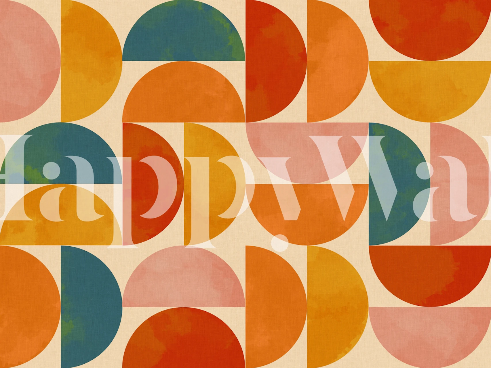 Colorful geometric patterns in orange, blue, and pink wallpaper