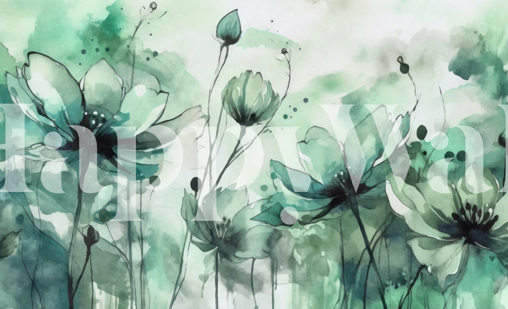 Fototapete „Grüner Blumengarten“ mit Blumen in Aquarell