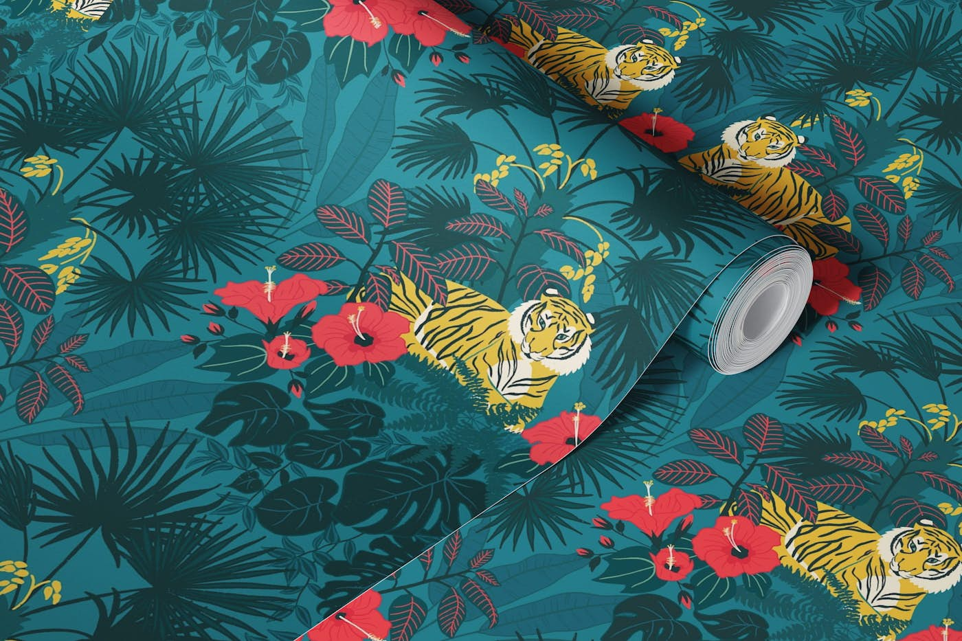 Proud Tiger - Sumatran Blue - Jungle print with tigers, palms, monstera and hibiscus wallpaper roll