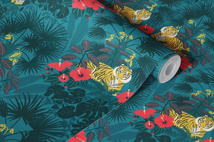 Proud Tiger - Sumatran Blue - Jungle print with tigers, palms, monstera and hibiscuswallpaper roll