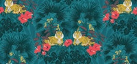 Proud Tiger - Sumatran Blue - Jungle print with tigers, palms, monstera and hibiscus tapete