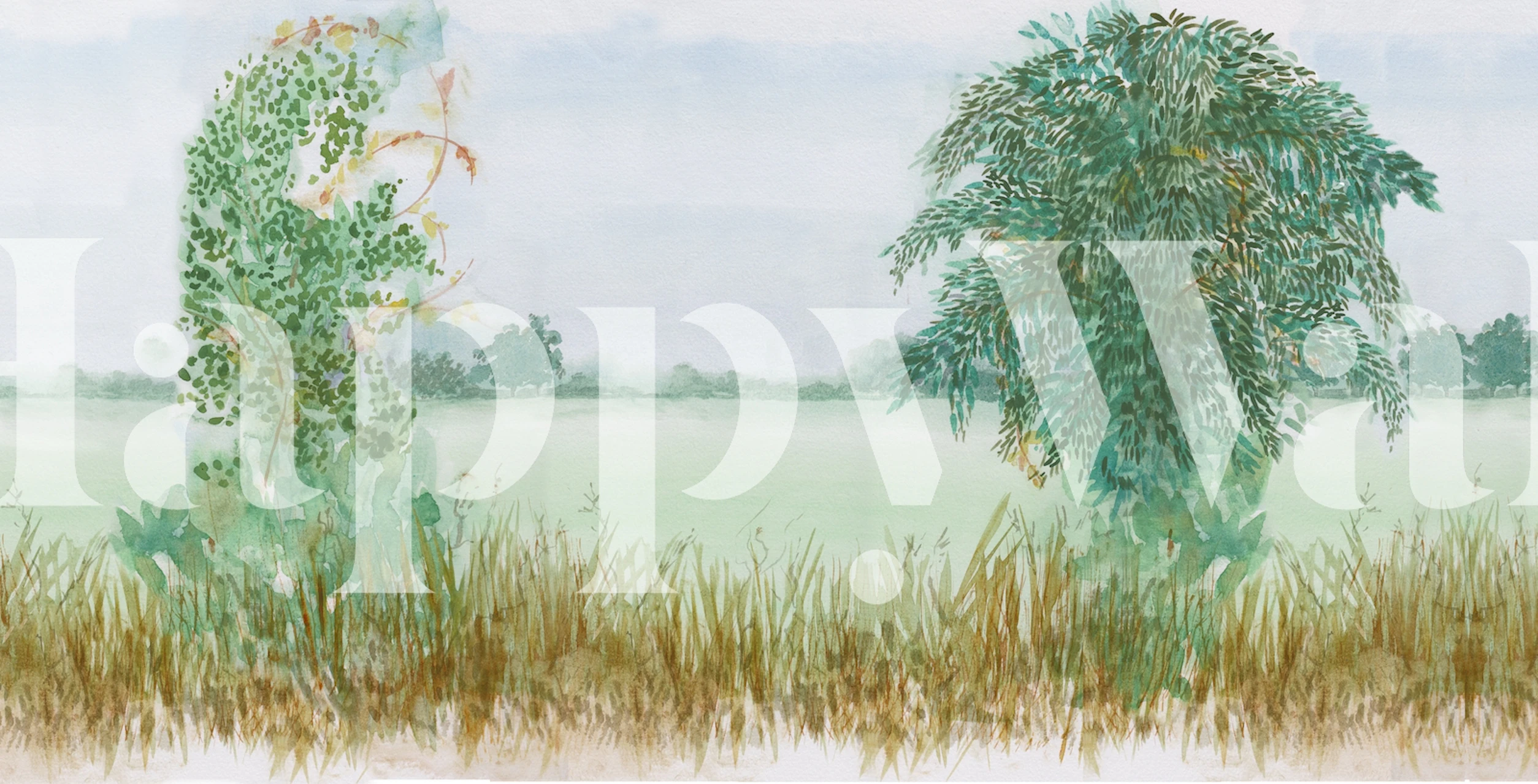 Representación artística de llanuras aluviales holandesas con hierba alta y árboles contra un cielo suave