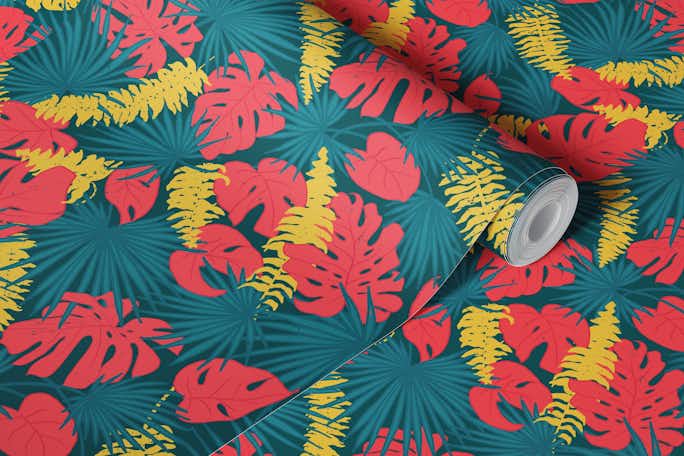 Into The Jungle - Sumatran Blue 100cm - Tropical leaf print with monstera, palm and fernwallpaper roll