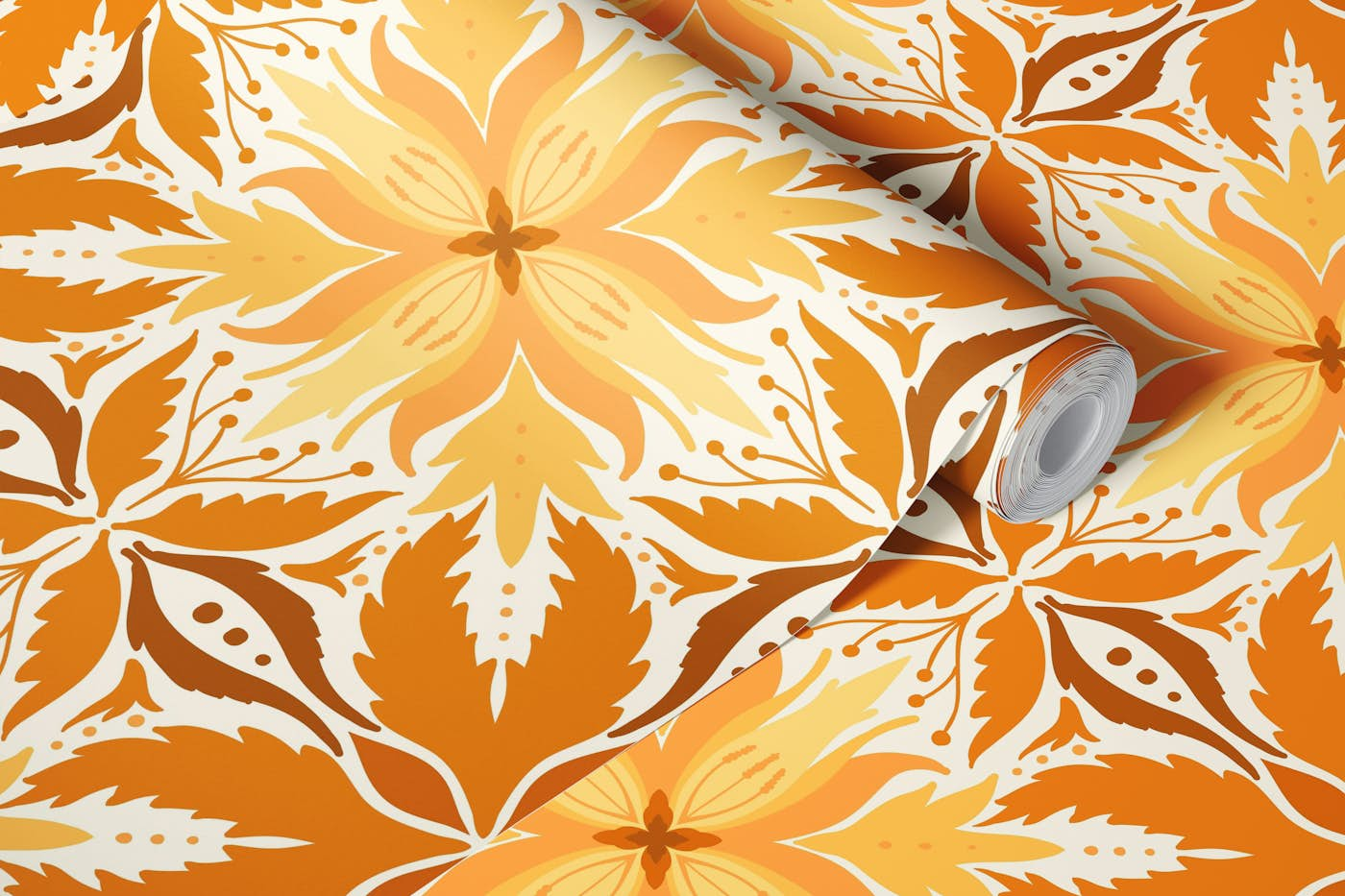 Ornate tiles, yellow and orange wallpaper roll