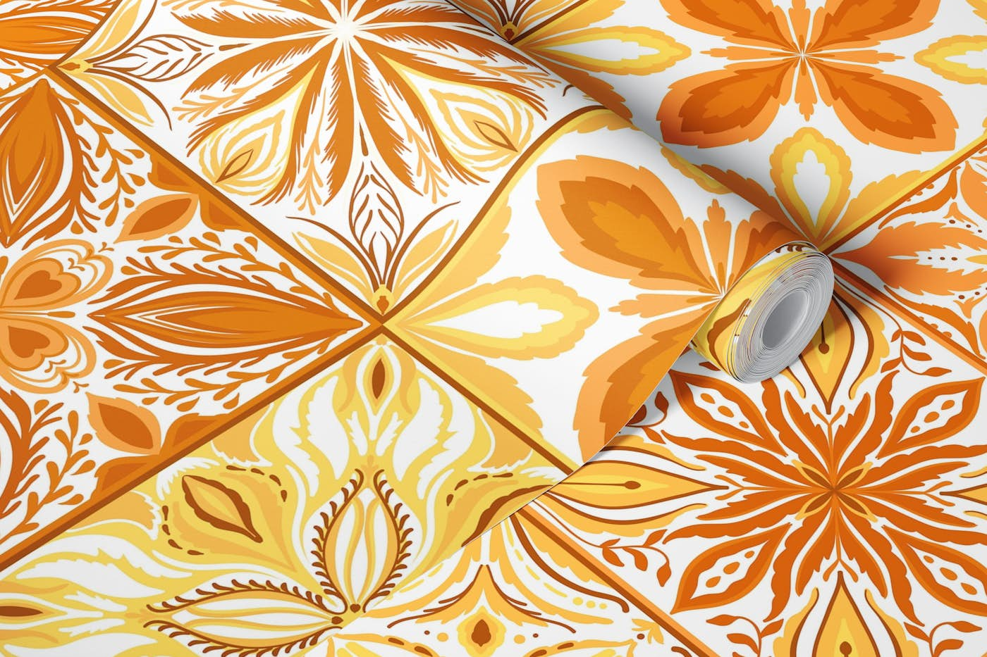 Ornate tiles in orange and yellow wallpaper roll