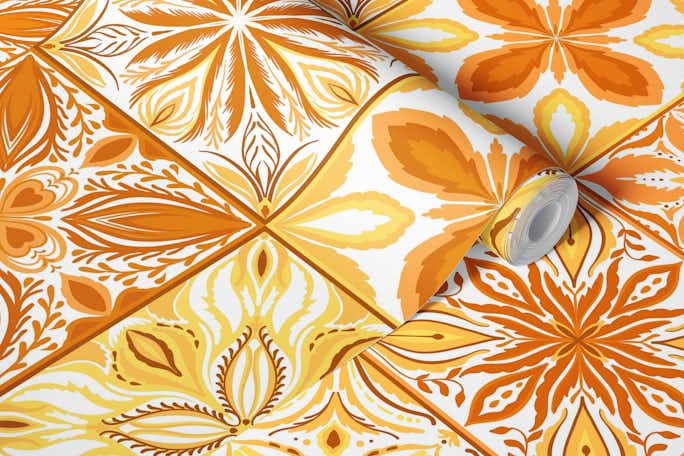 Ornate tiles in orange and yellowwallpaper roll