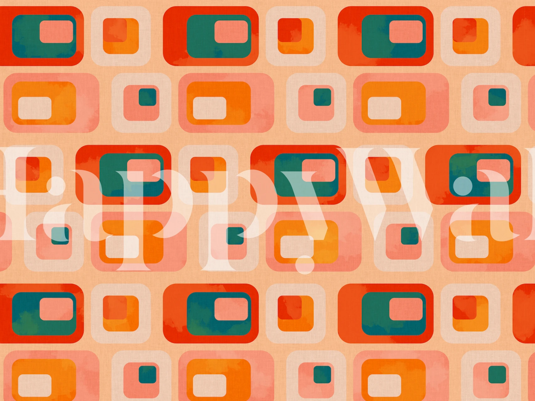 Mid Century Shapes Rounded wall mural with geometric designs in orange, teal, and terracotta