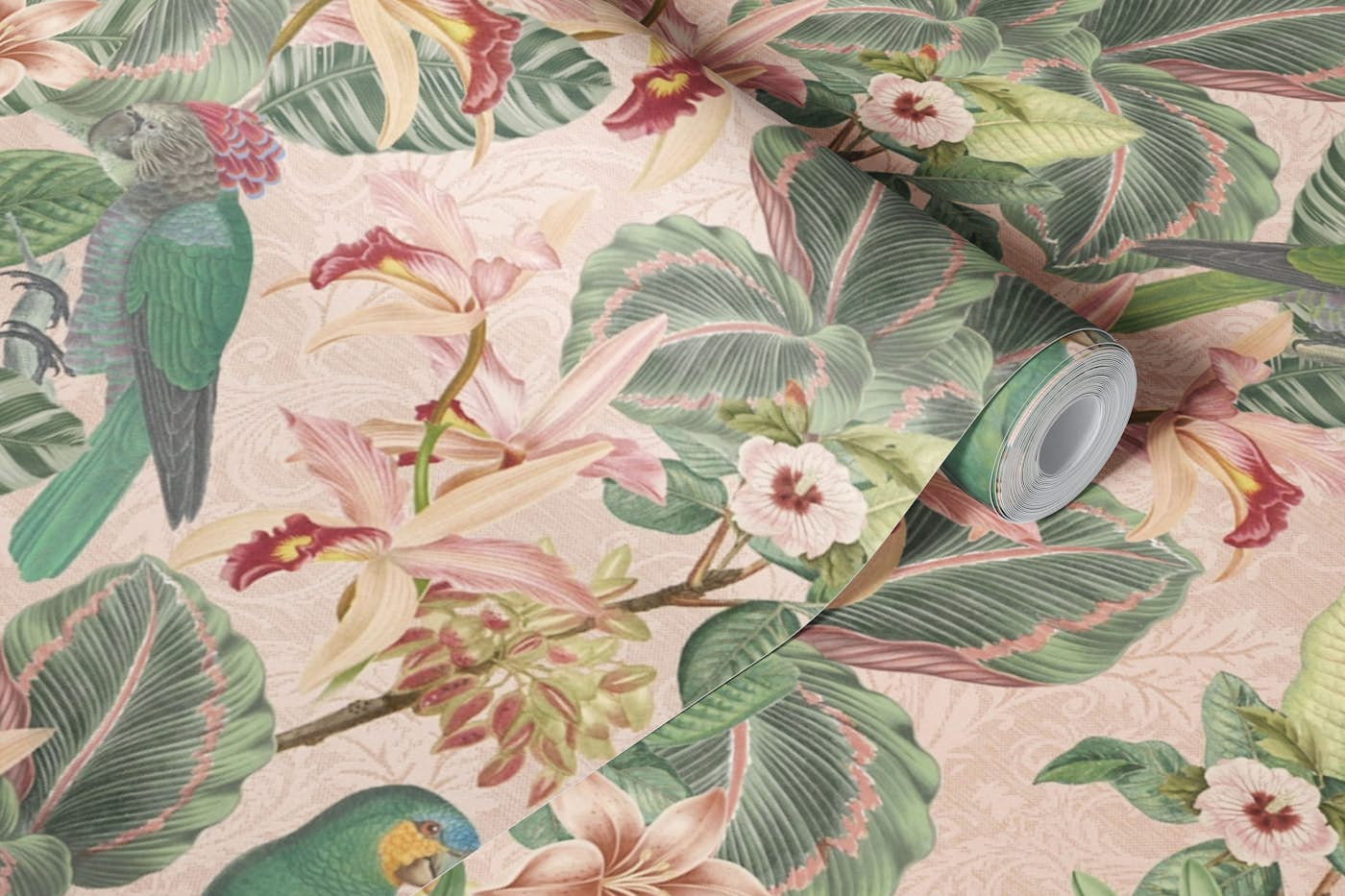 Vintage Jungle Parrots Pink wallpaper roll