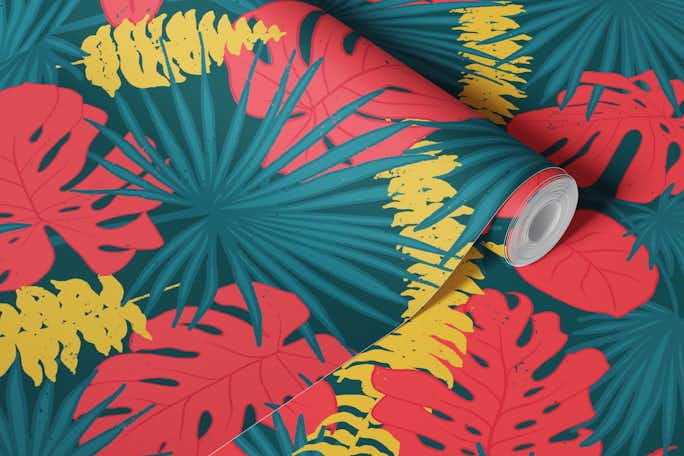 Into The Jungle - Giant Blue - Tropical leaf print with monstera, palm and fernwallpaper roll