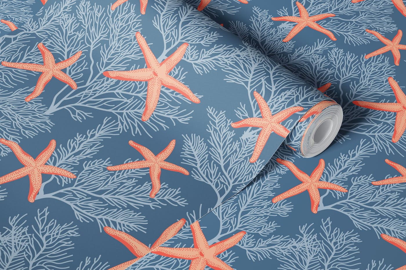 Starfishes on admiral blue wallpaper roll