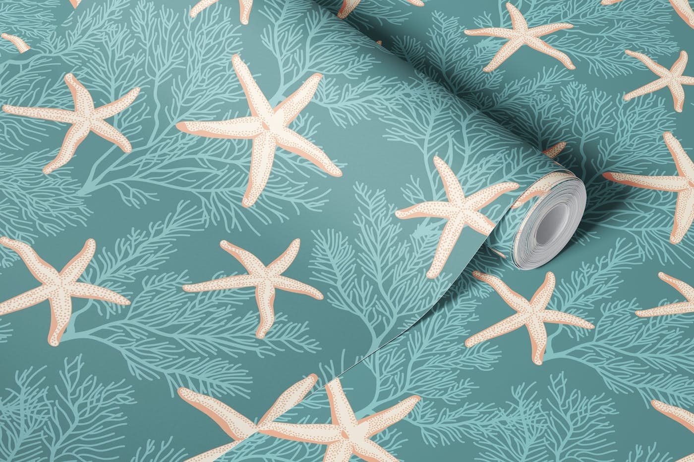 Light starfishes on opal green wallpaper roll