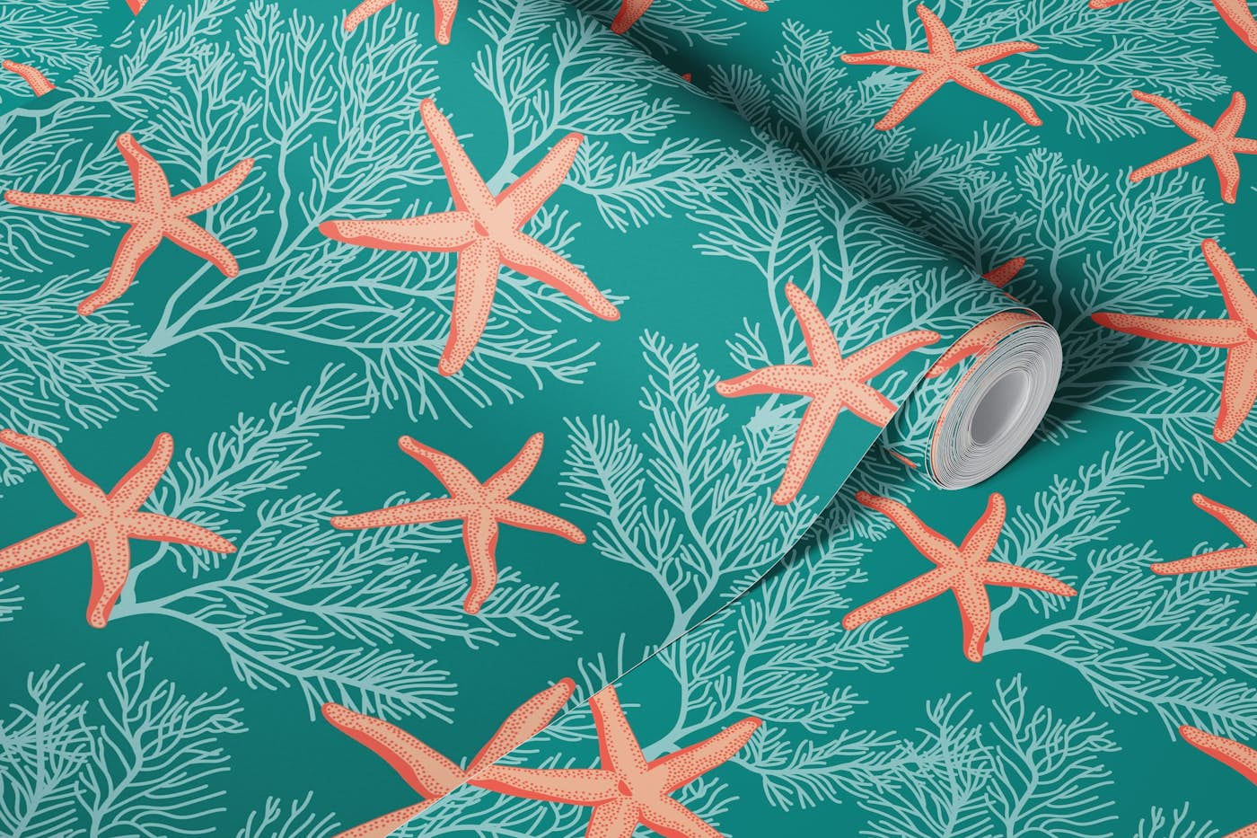 Starfishes and subtle corals wallpaper roll