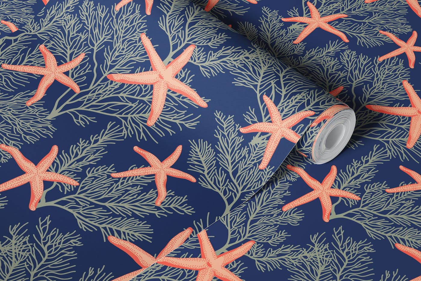 Starfishes on blue classic navy wallpaper roll