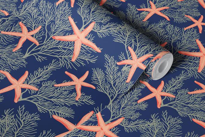 Starfishes on blue classic navywallpaper roll