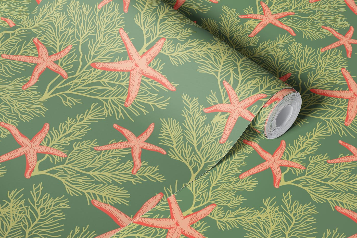 Seatars on seaweed green wallpaper roll