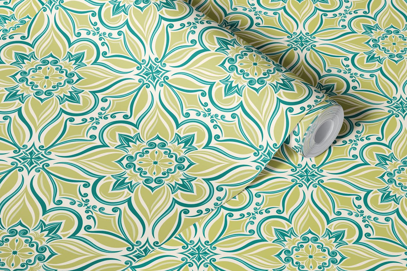 Coastal Mediterranean Tilework lime green wallpaper roll