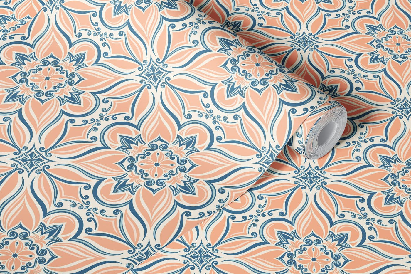 Coastal mediterranean tiles - salmon pink wallpaper roll