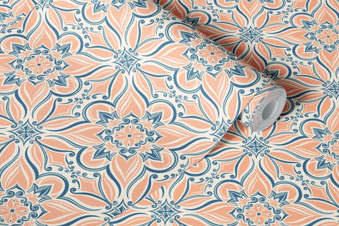 Coastal mediterranean tiles - salmon pinkwallpaper roll
