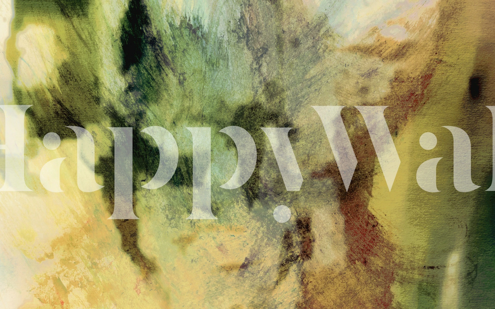 Abstraktes Wandbild mit kosmischem Blumenmotiv in Grün-, Blau- und Gelbtönen.