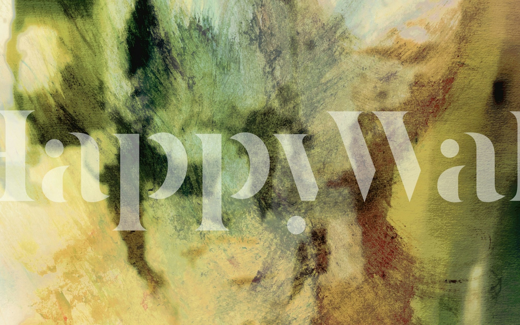 Abstrakt kosmisk vægmaleri med blomstertema med grønne, blå og gule nuancer.