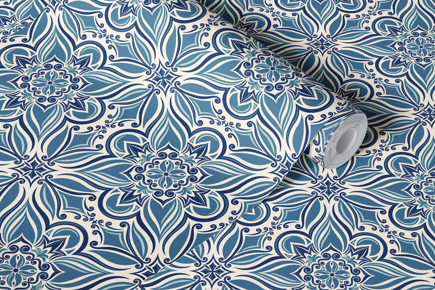 Coastal mediterranean tiles - blue wallpaper roll