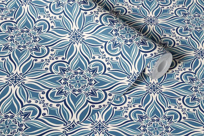 Coastal mediterranean tiles - bluewallpaper roll