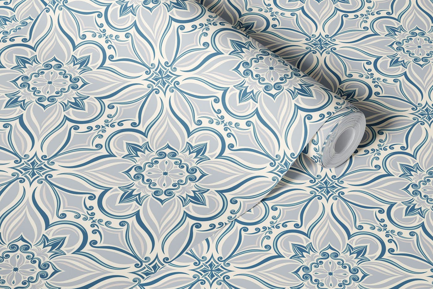 Coastal mediterranean tiles - light blue grey wallpaper roll