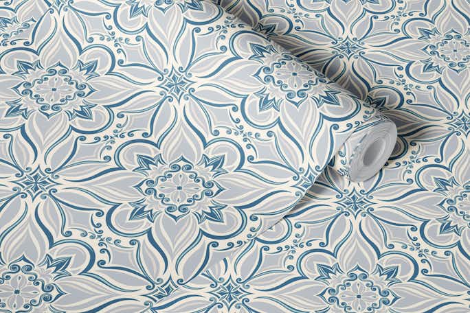 Coastal mediterranean tiles - light blue greywallpaper roll