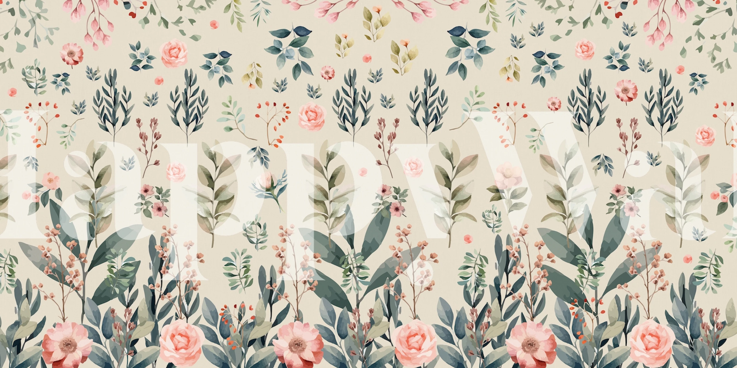 Colorful floral pattern with pink roses and green leaves wallpaper
