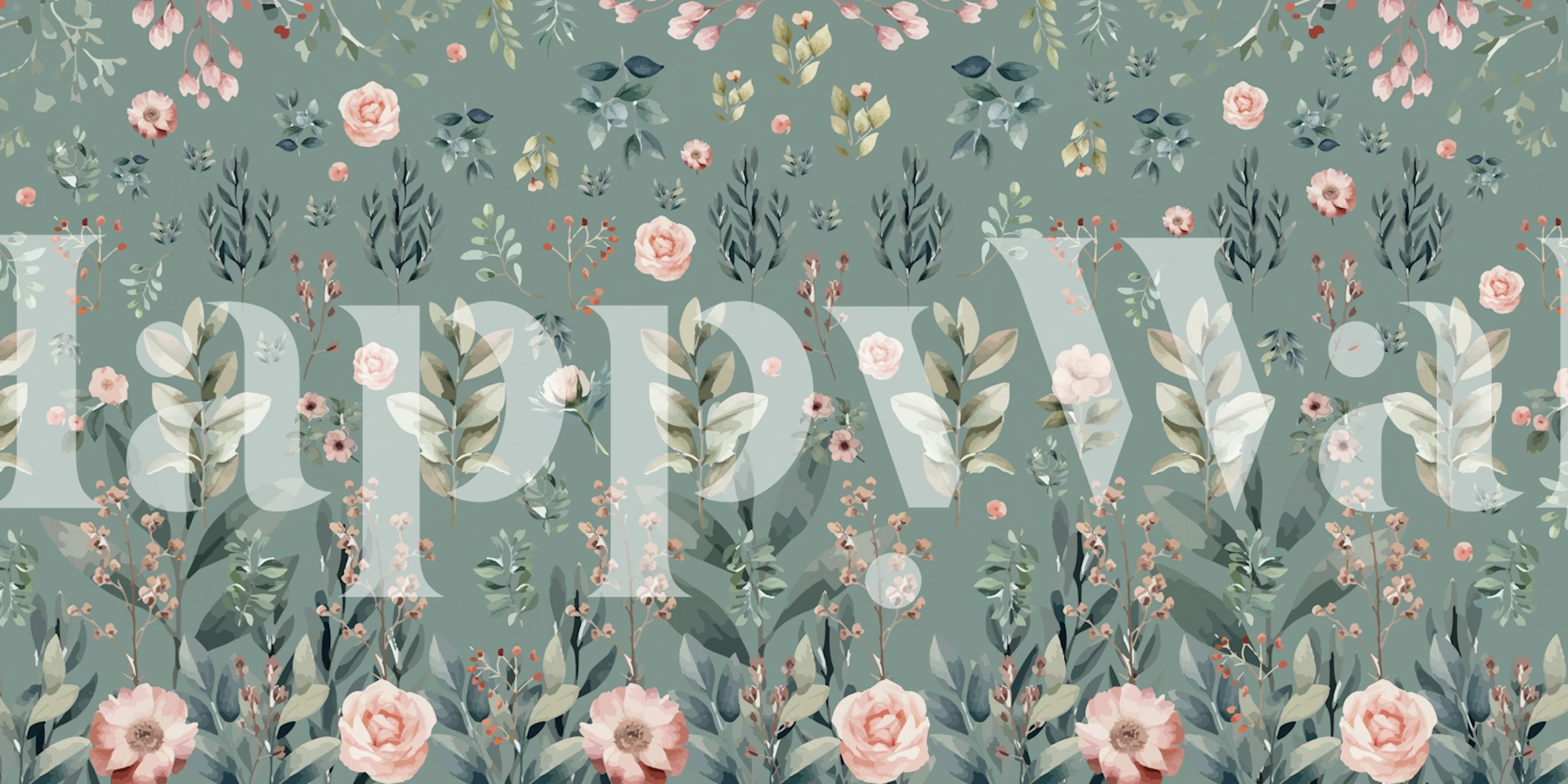 Green botanical wall mural with pink blossoms