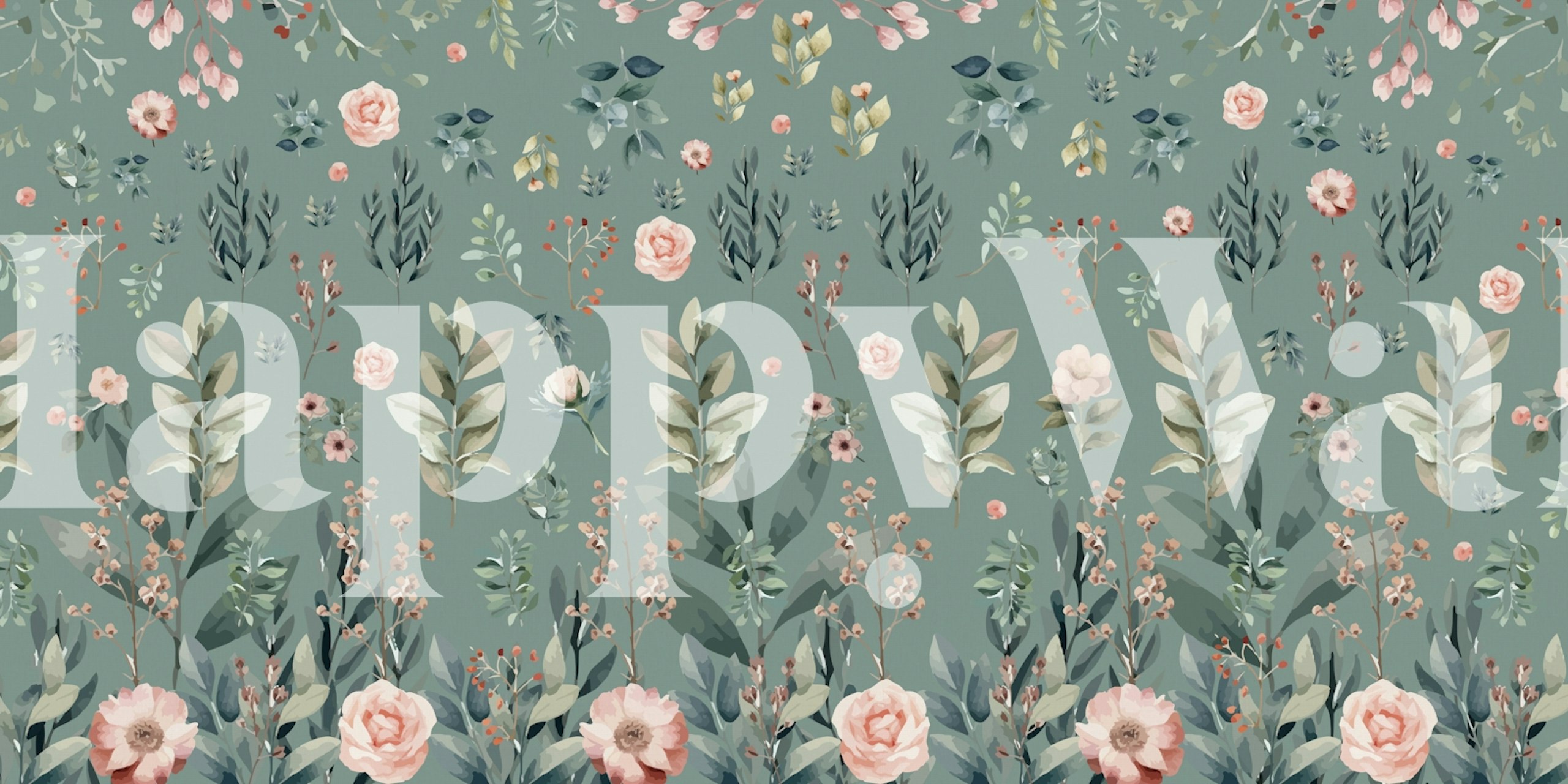 Green botanical wall mural with pink blossoms