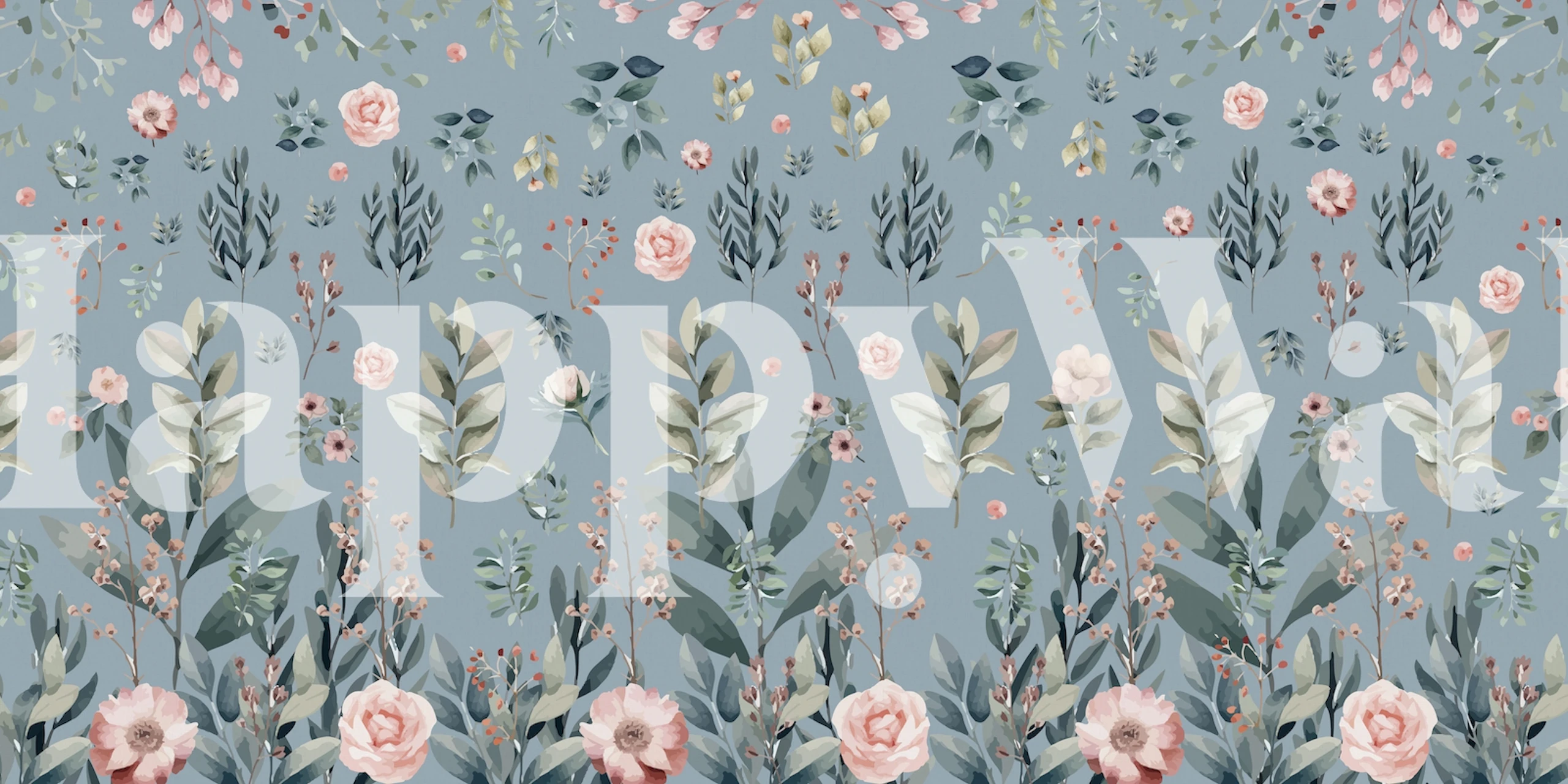 Floral botanical pattern in pinks and greens on blue wallpaper