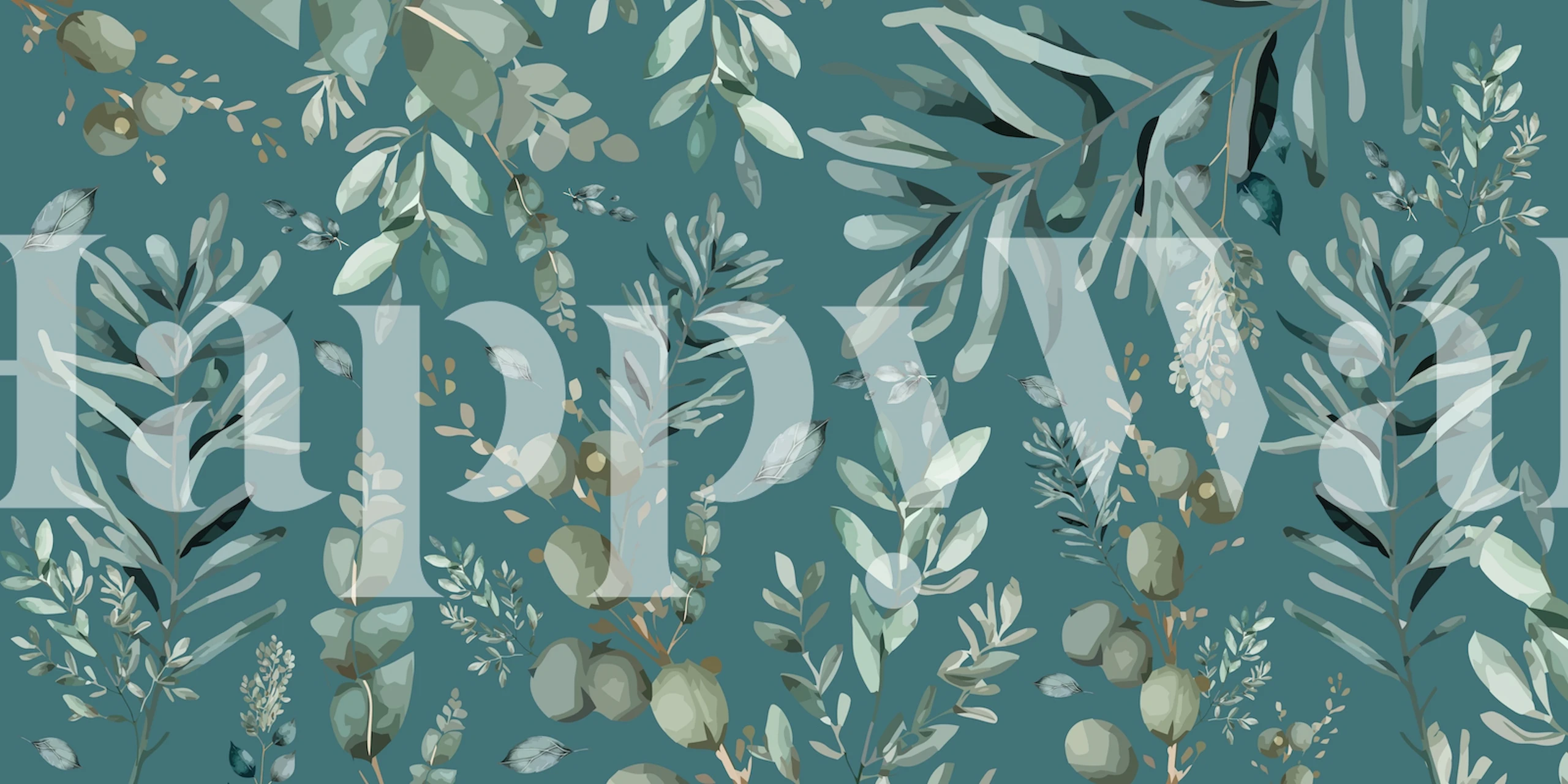 Zelené vzory botanických listů na nástěnné fototapetě v uklidňujících přírodních tónech