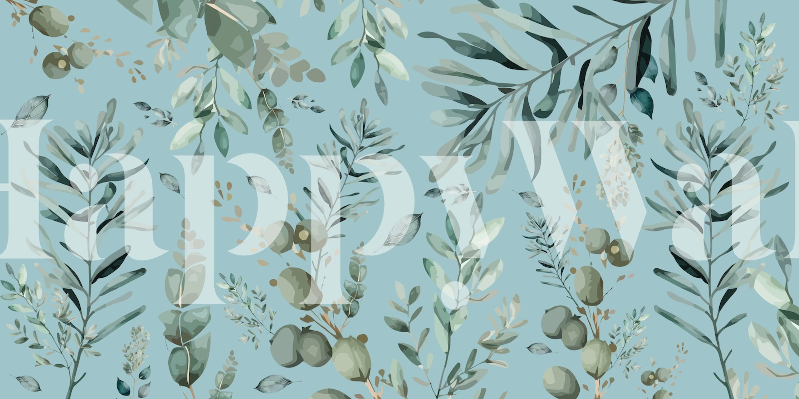 Botanic Leafs Blue wall mural with golden botanical print on a tranquil blue background