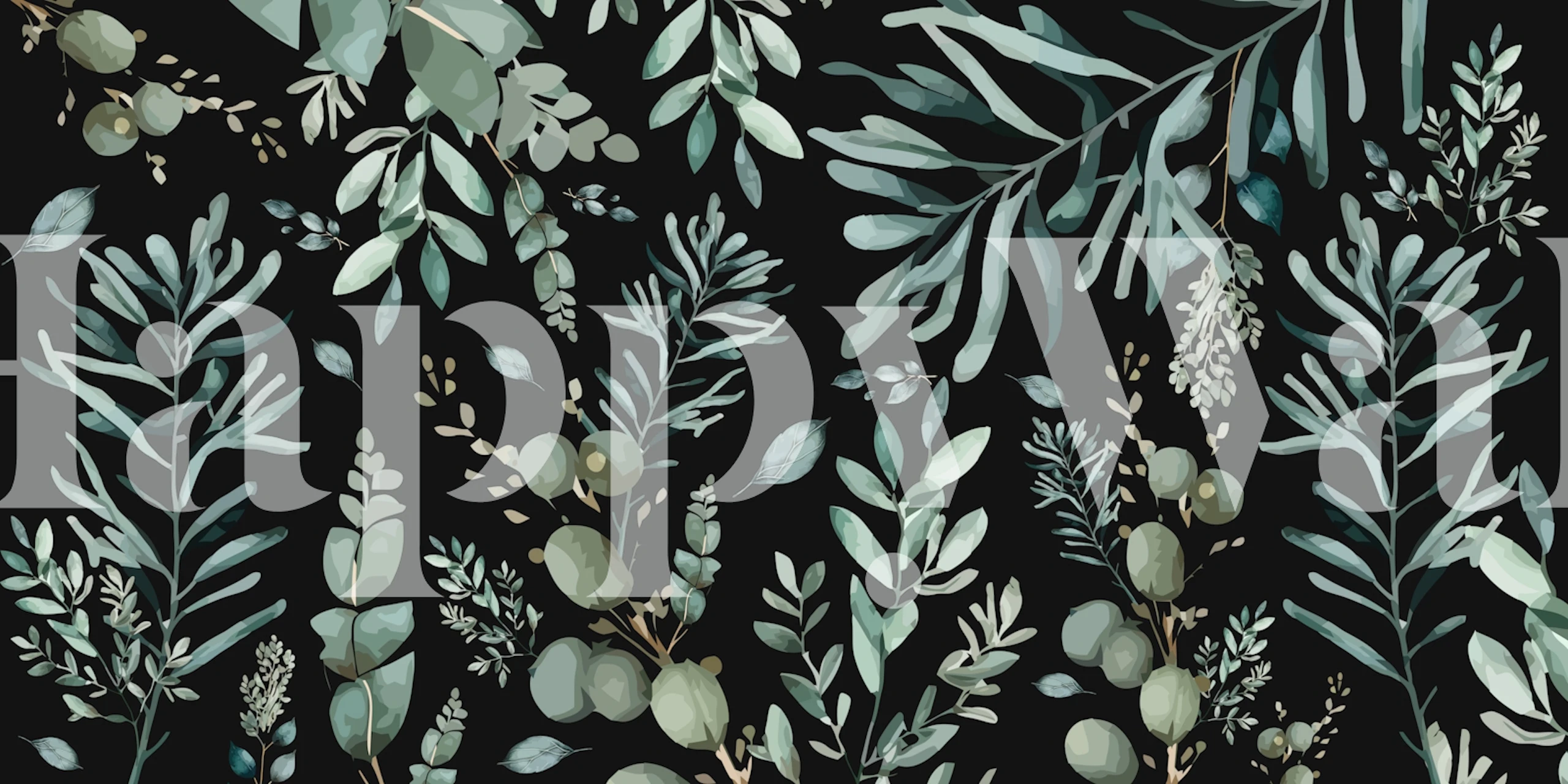 Botanical leaf design with green foliage on black background wallpaper