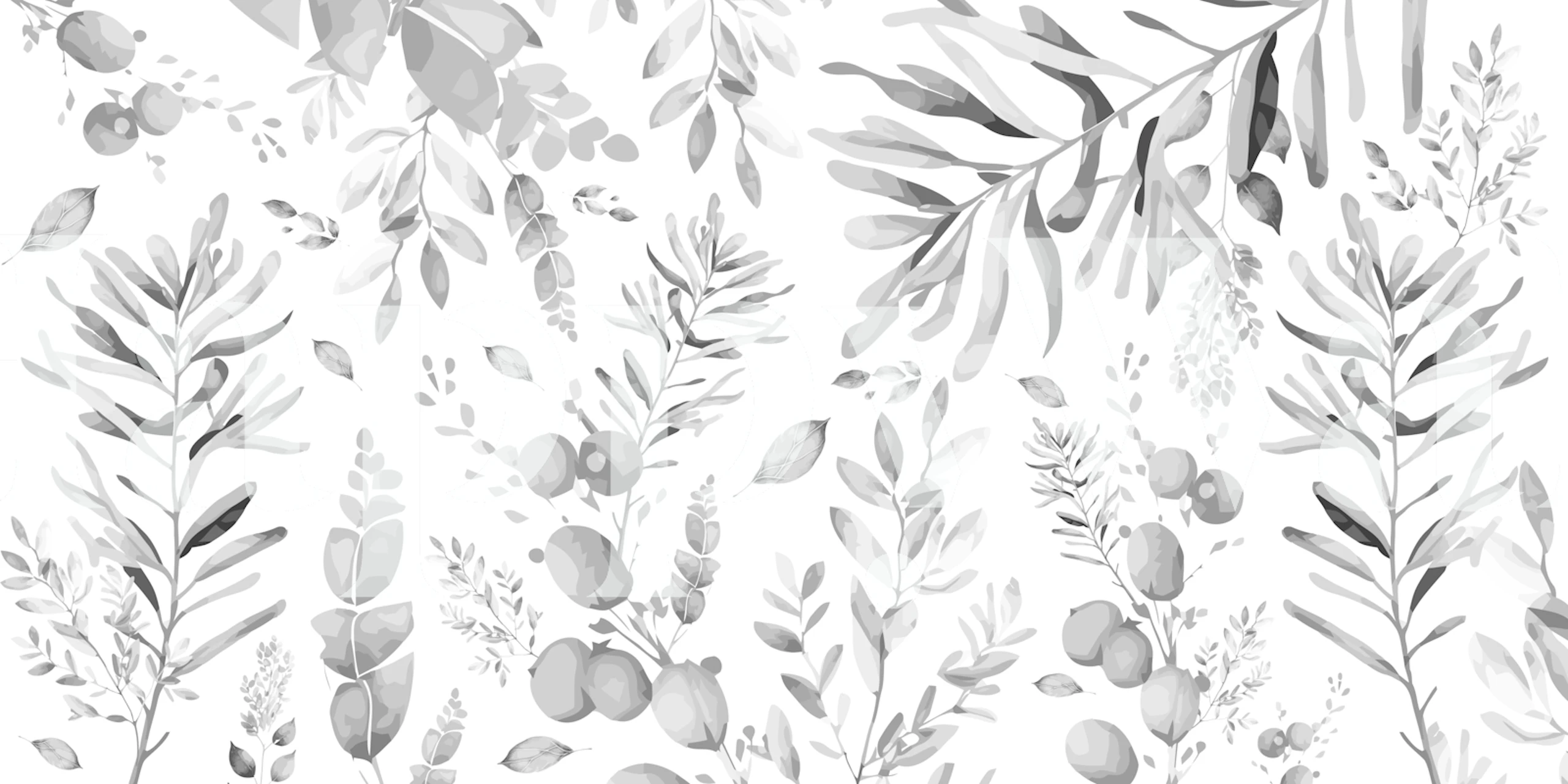 Decorazione murale con foglie botaniche in bianco e nero che mostra una varietà di illustrazioni di fogliame