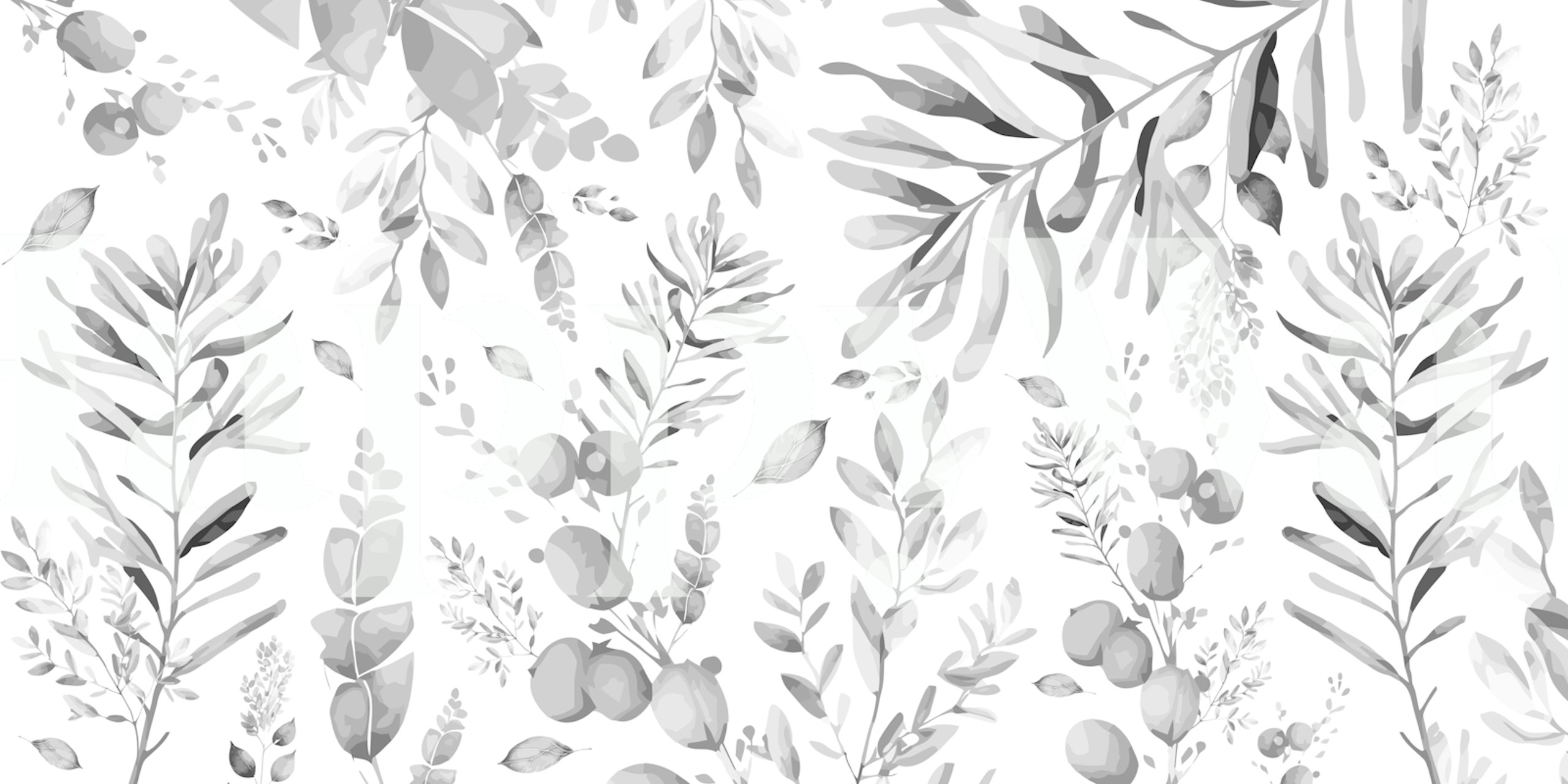 Black and white botanic leafs wall mural displaying a variety of foliage illustrations