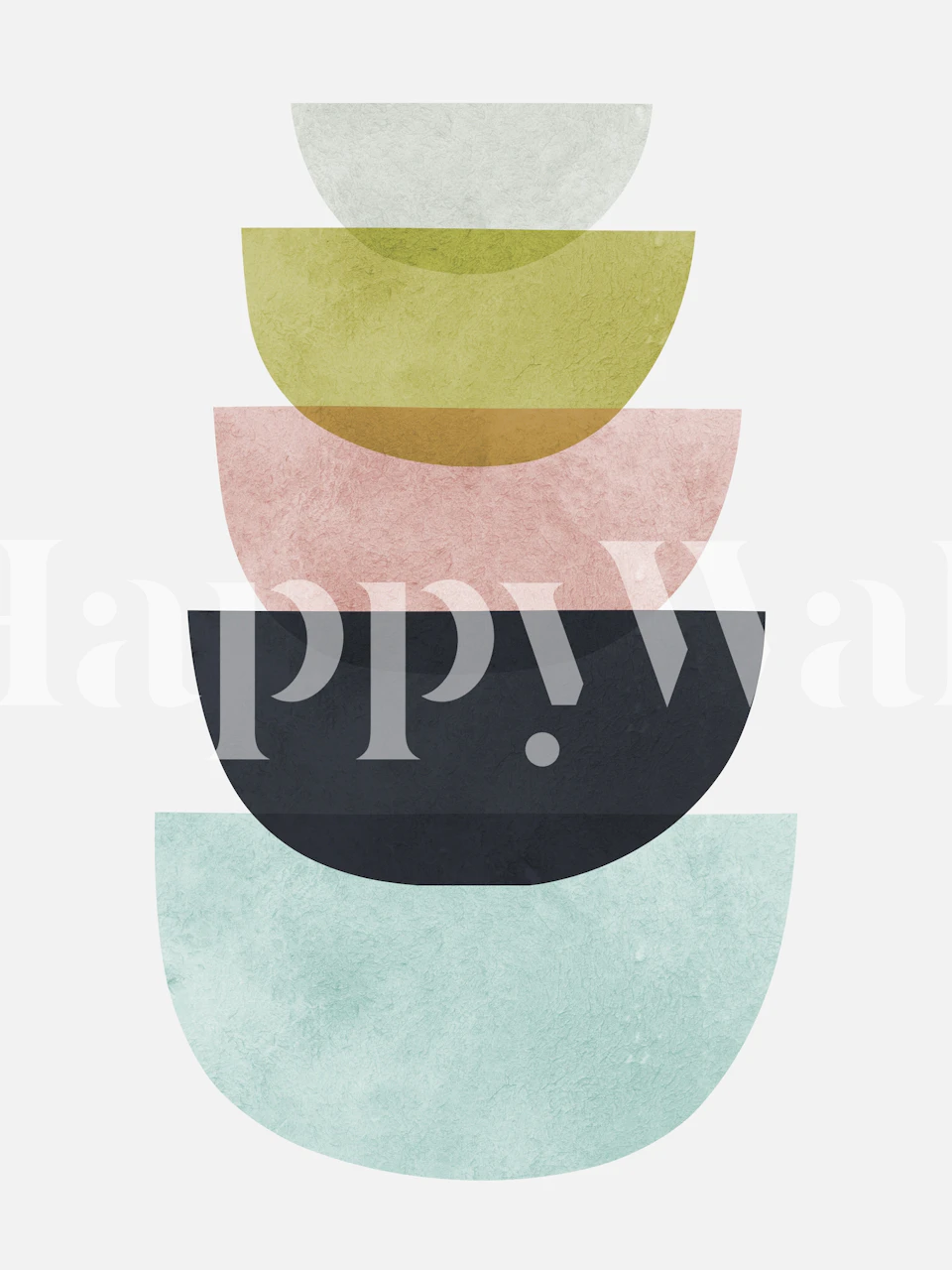 Barevná geometrická abstraktní nástěnná malba s překrývajícími se půlkruhy v pastelových odstínech.