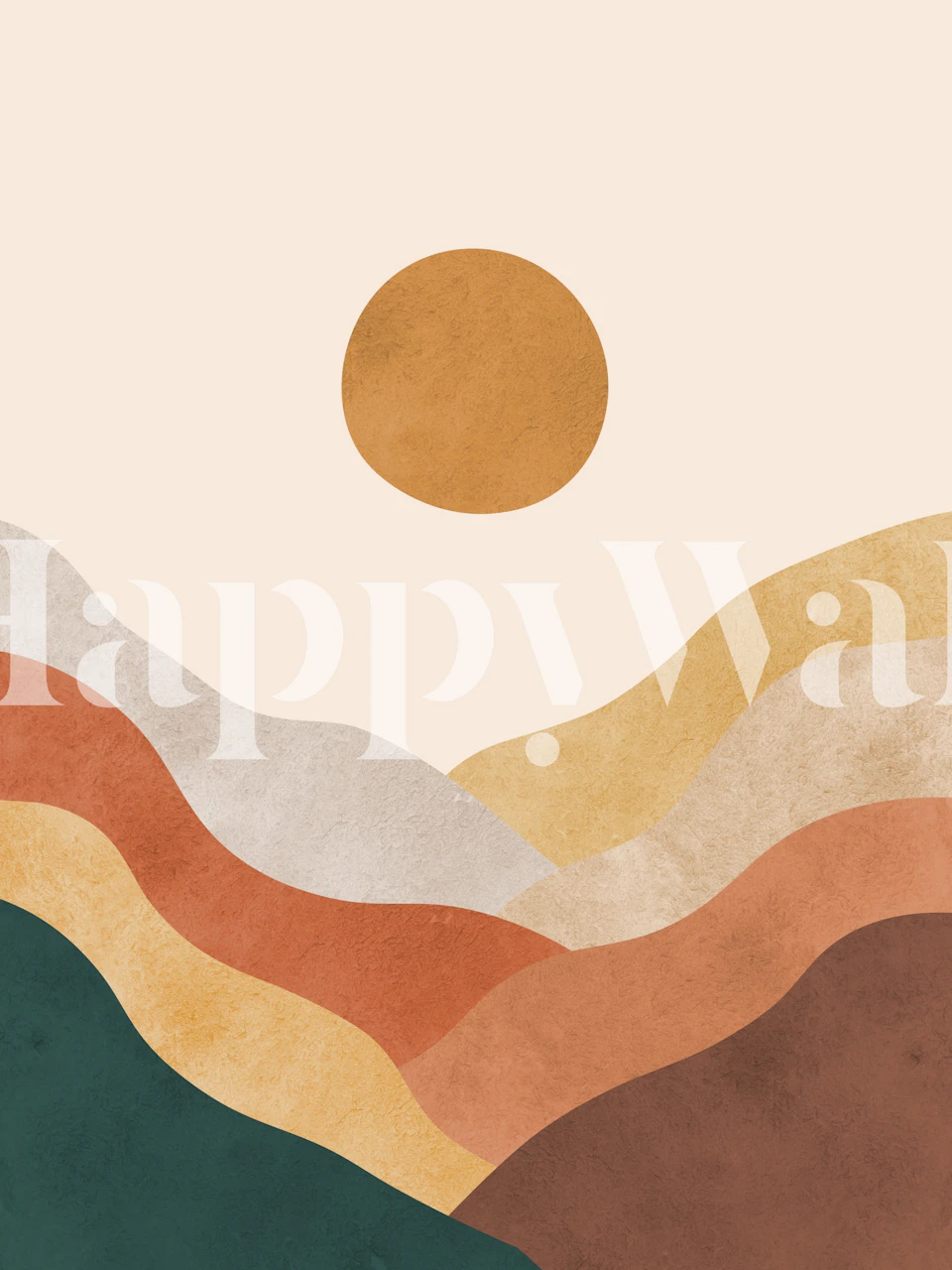 Abstrakcyjna akwarelowa fototapeta z naturą, przedstawiająca wzgórza i słońce