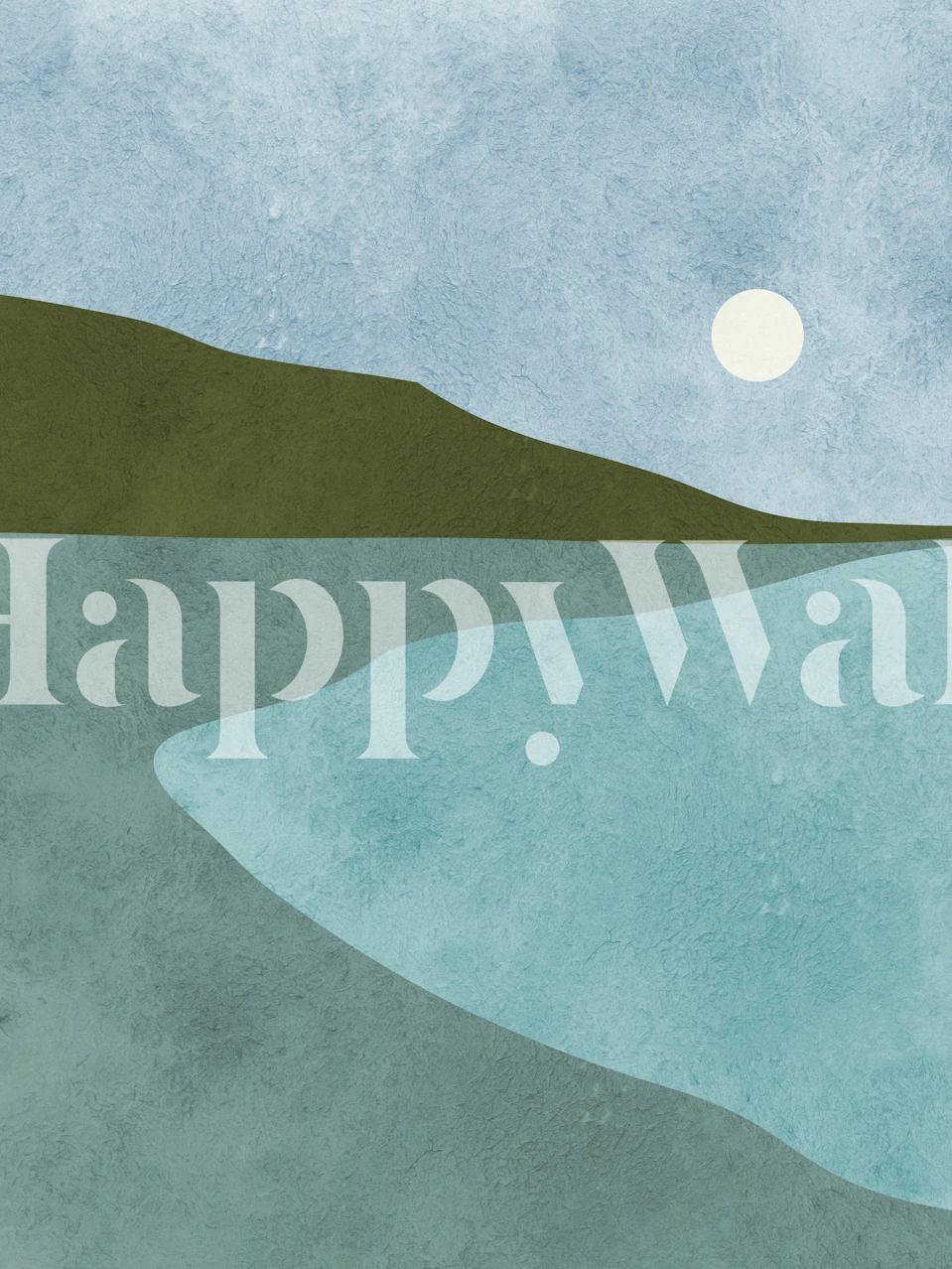 Serene aquarel landschapsfotobehang met glooiende heuvels en rustige wateren onder een bleke hemel