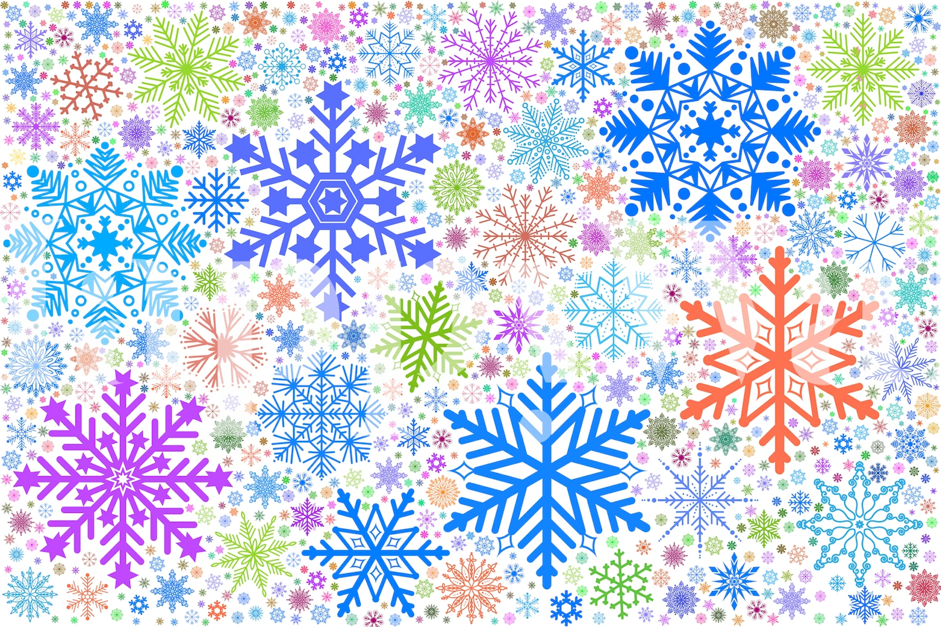 Colorful snowflake patterns in blue, orange, and purple on a white background wallpaper