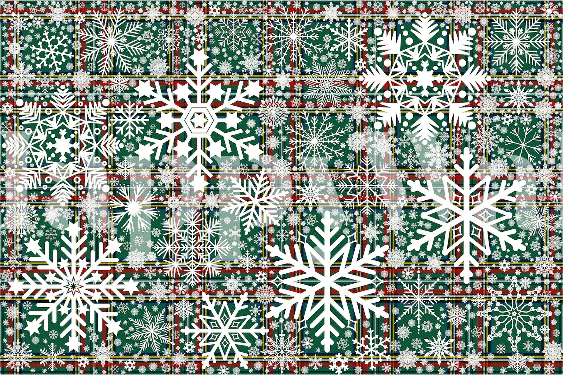 White snowflakes on green tartan background wallpaper