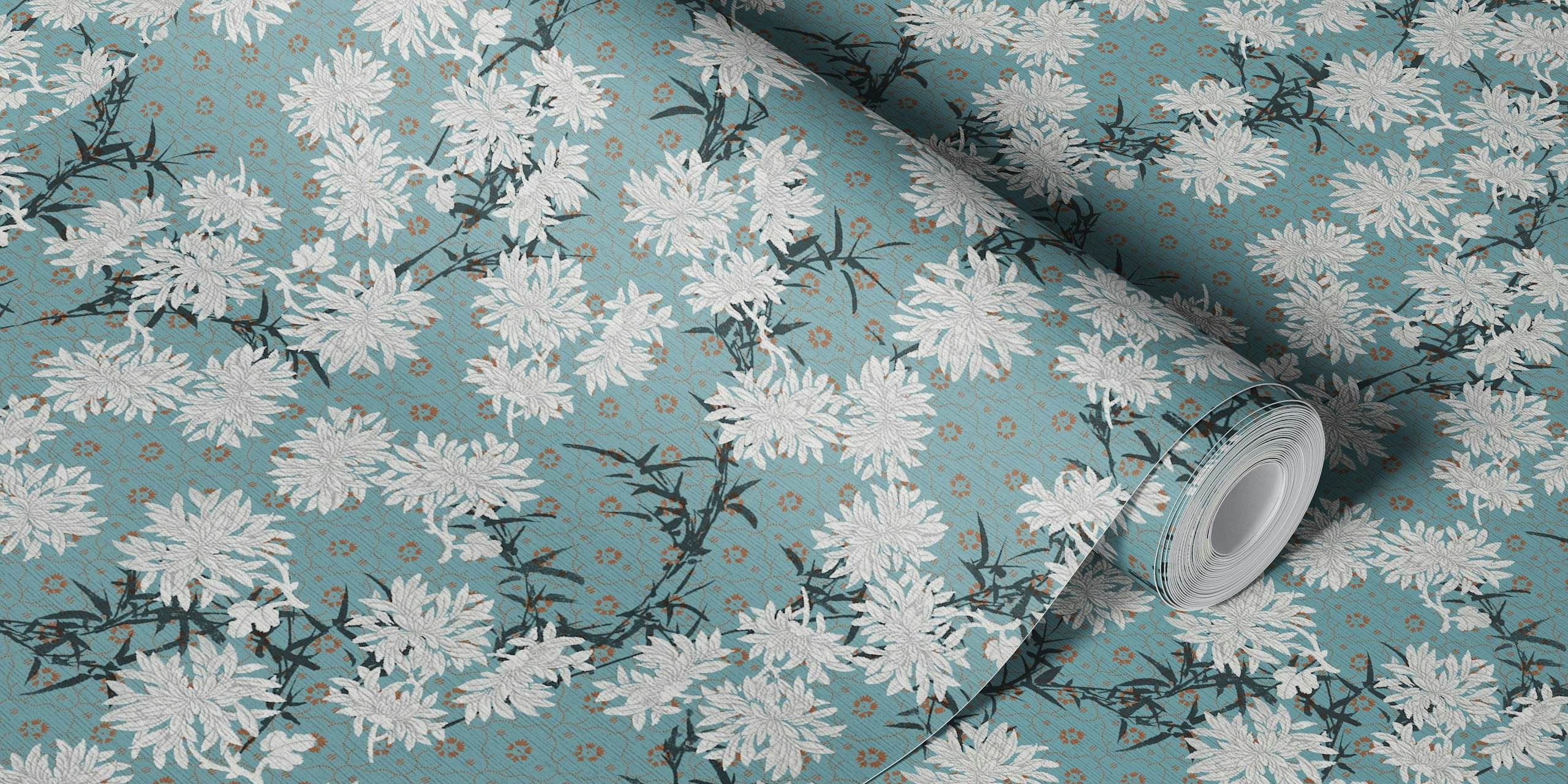 Japanese floral design with white blooms on blue background wallpaper
