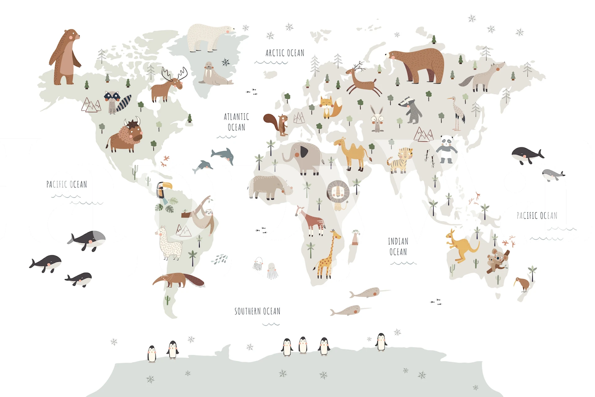 World map featuring various animals in muted colors wallpaper